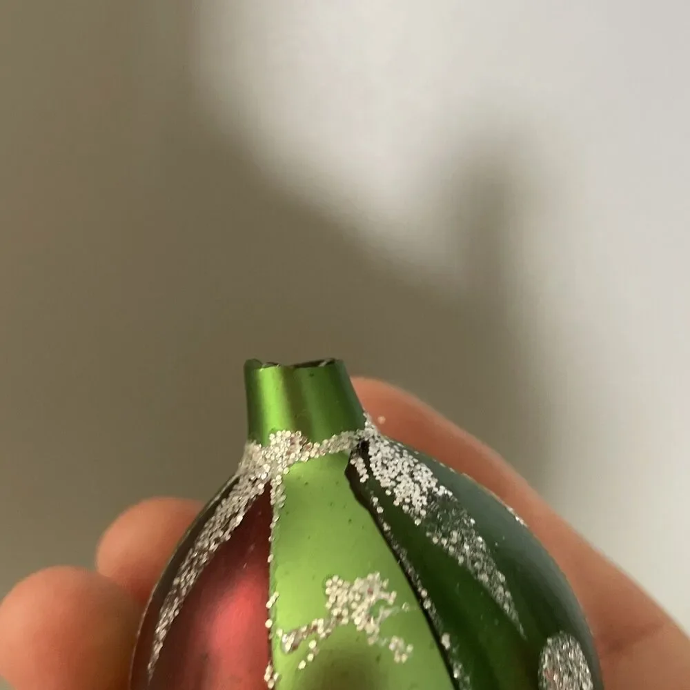 Vintage Hand Painted Blown Glass Teardrop Christmas Ornament Glitter Snowflake